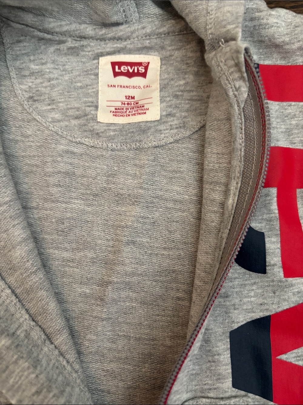 Levi's Grey Hooded Baby Romper with Red and Navy Logo - Picture 2 of 3